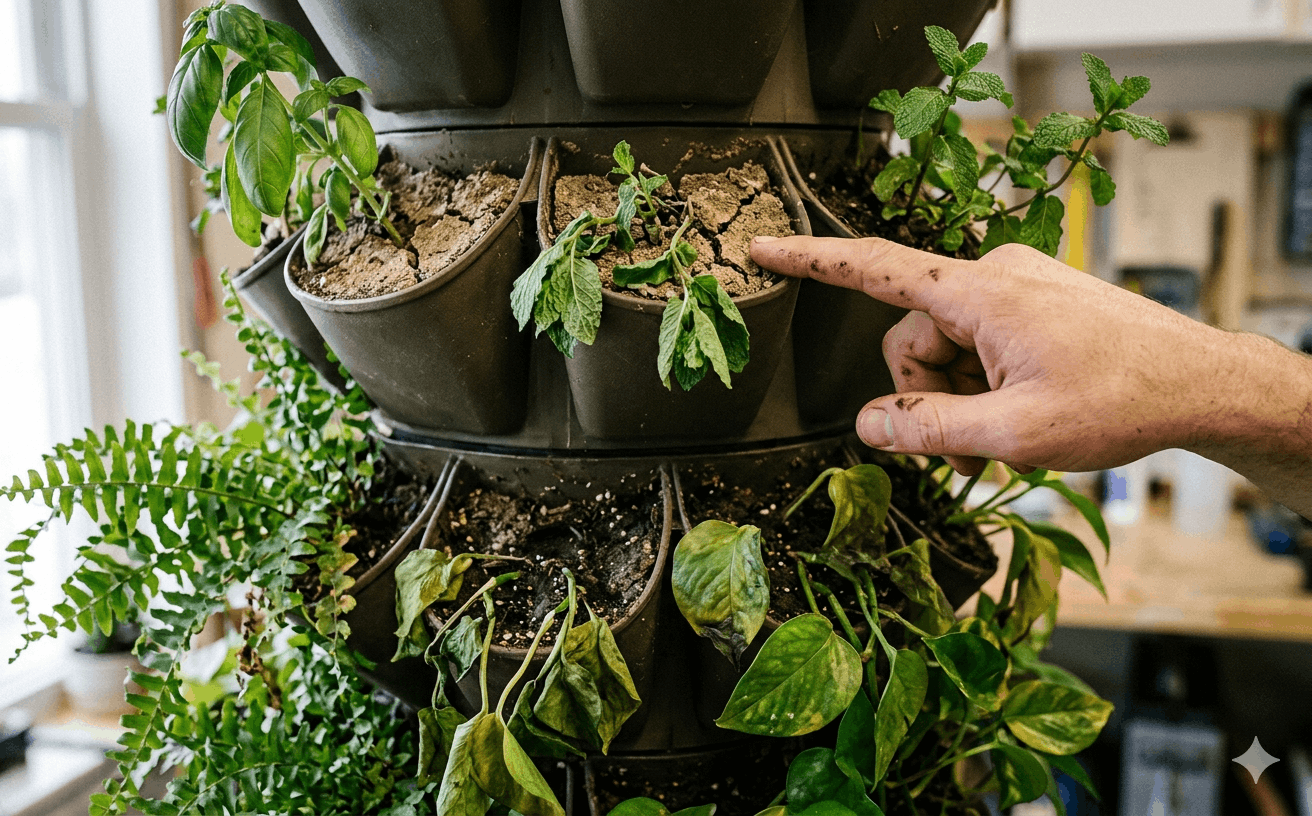 Vertical garden under grow lights with healthy strawberry and cucumber plants