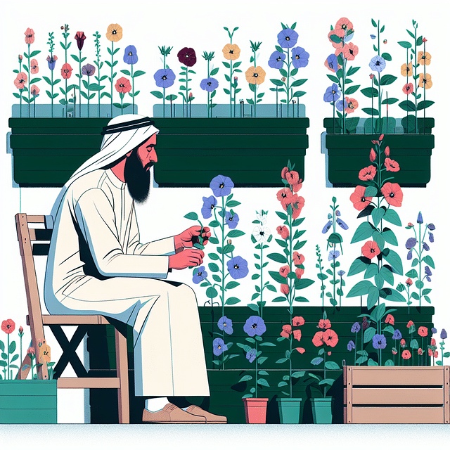 gardener inspecting and pruning edible flowers in a vertical garden