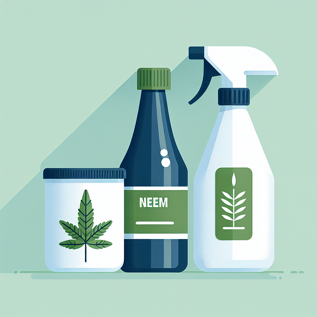 neem oil bottle next to a clean spray bottle and liquid soap