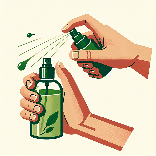 hands shaking a spray bottle with a neem oil mixture inside