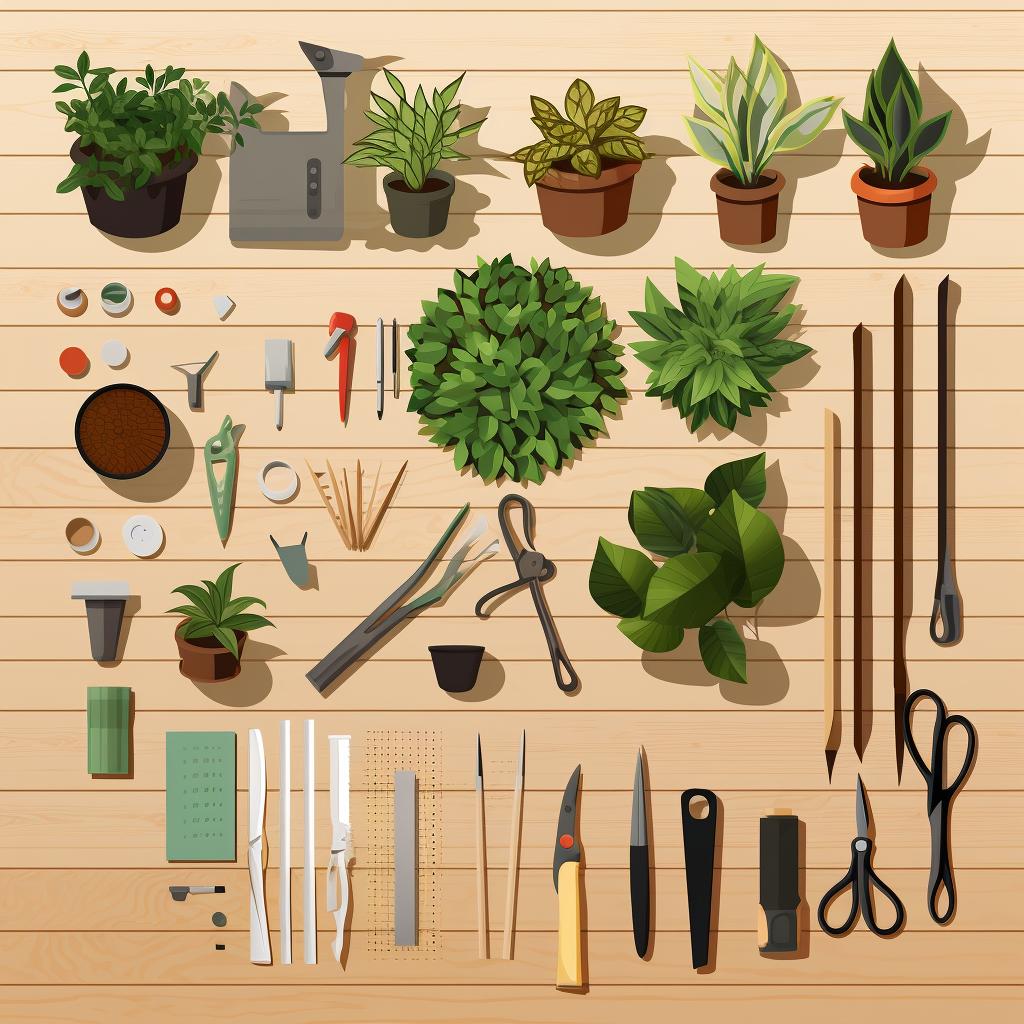 Materials needed for an indoor living wall laid out on a table