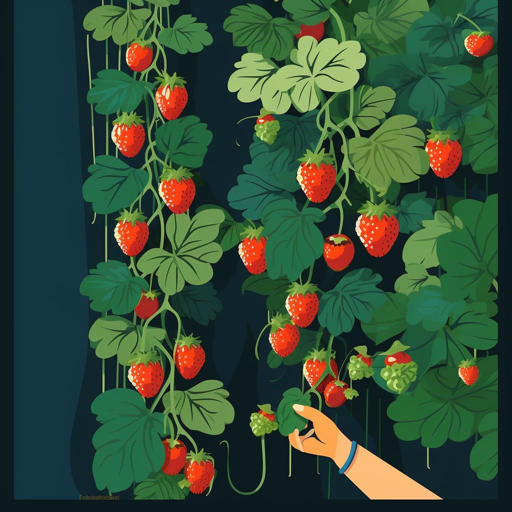 Hand picking ripe strawberries from a vertical garden.