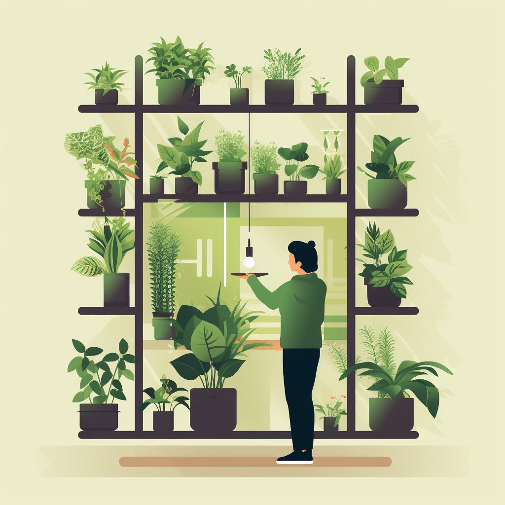 A person studying the layout of their indoor vertical garden.