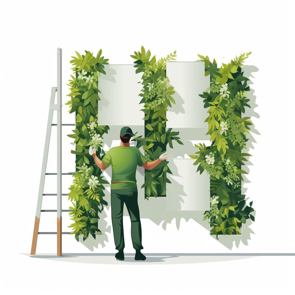A vertical garden structure being installed on a wall