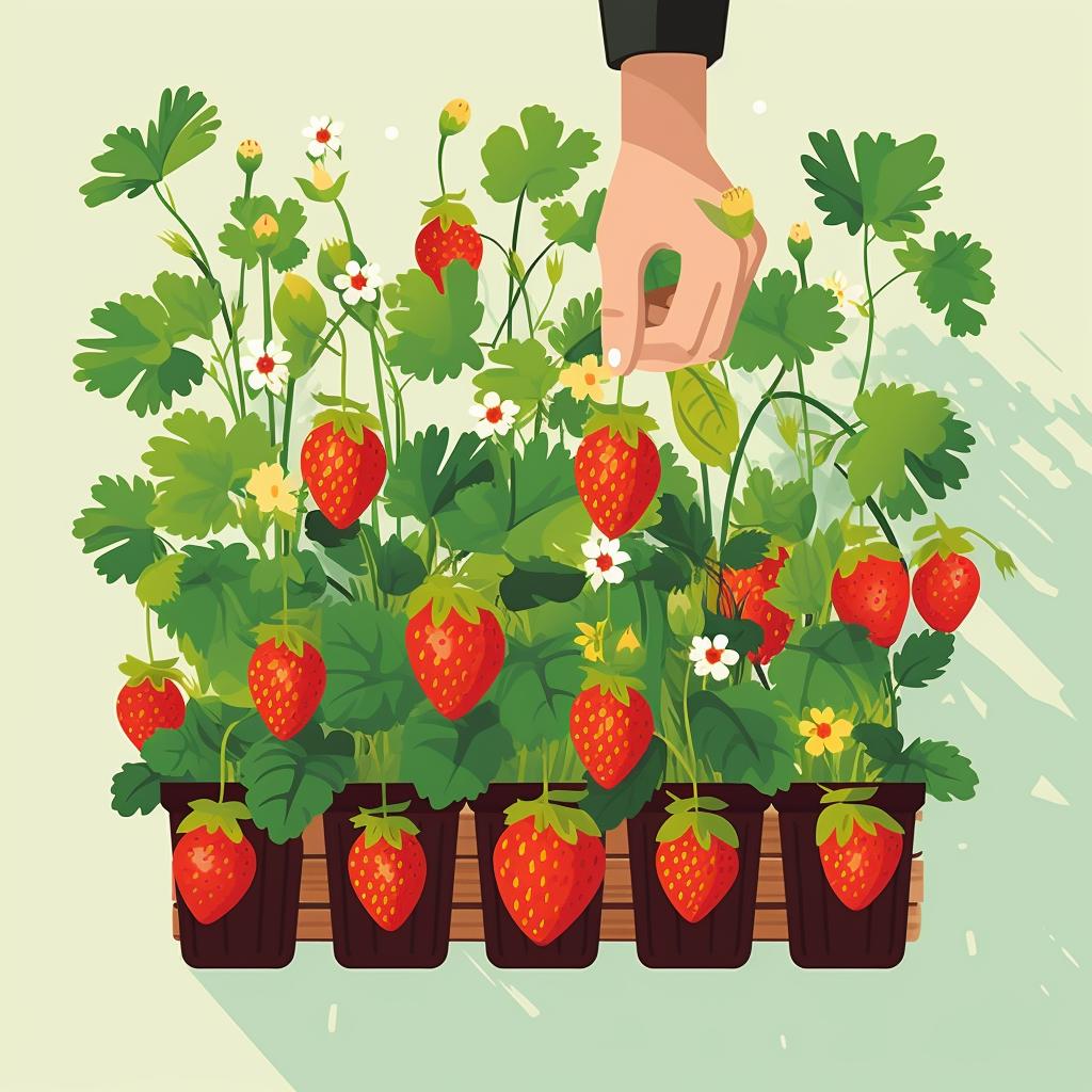 Strawberry plants being placed in the pockets of a vertical garden.