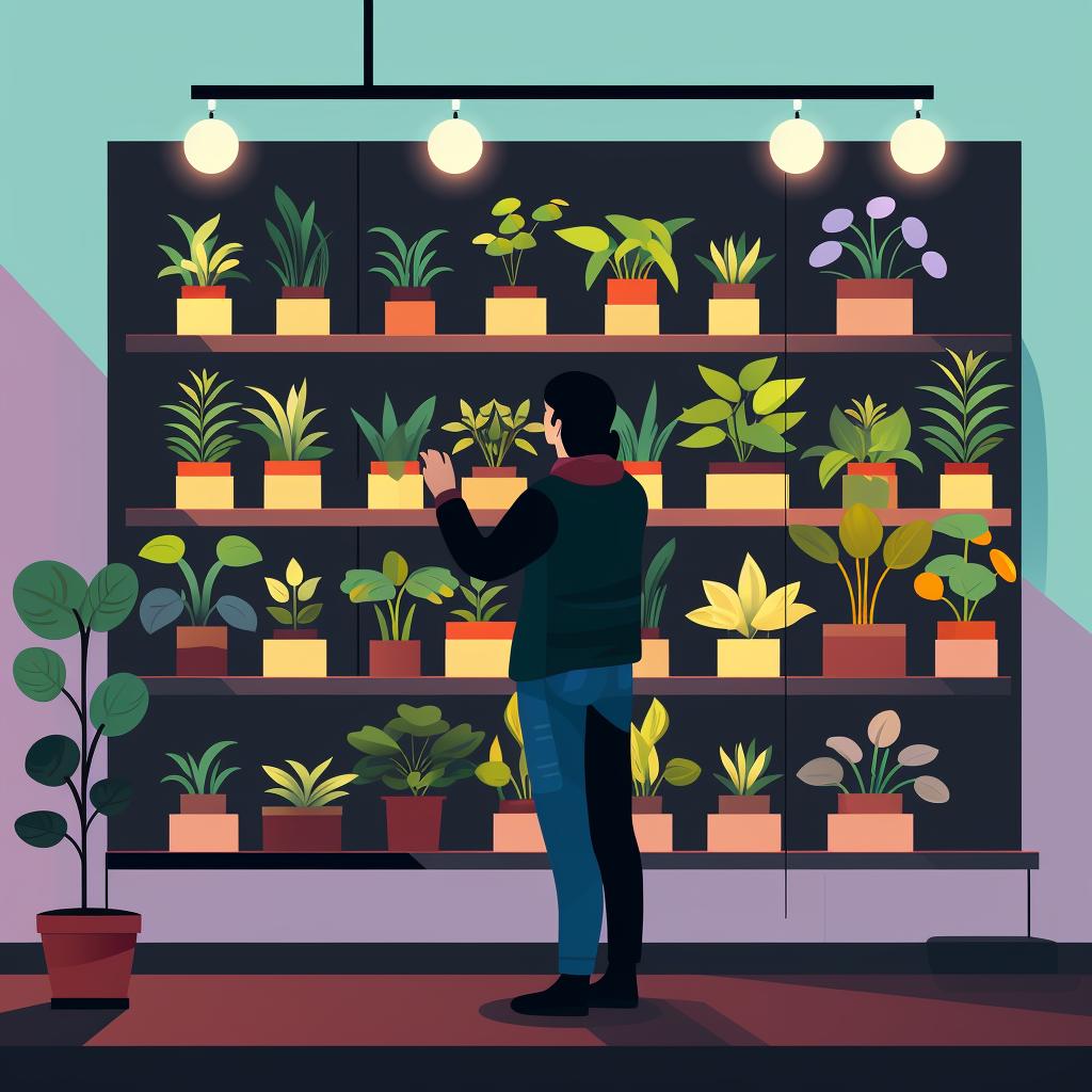 A person choosing LED lights for their indoor vertical garden