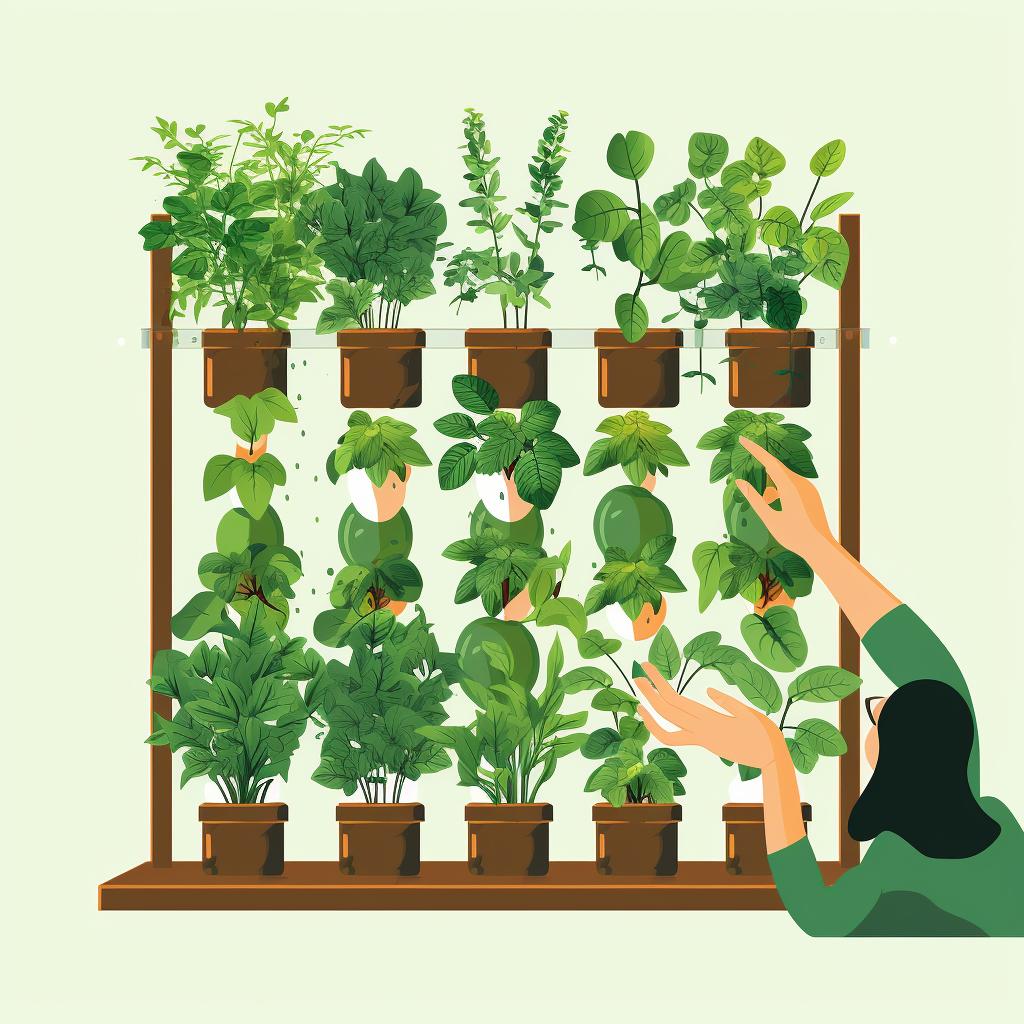 Hands planting herb seedlings in a vertical garden system