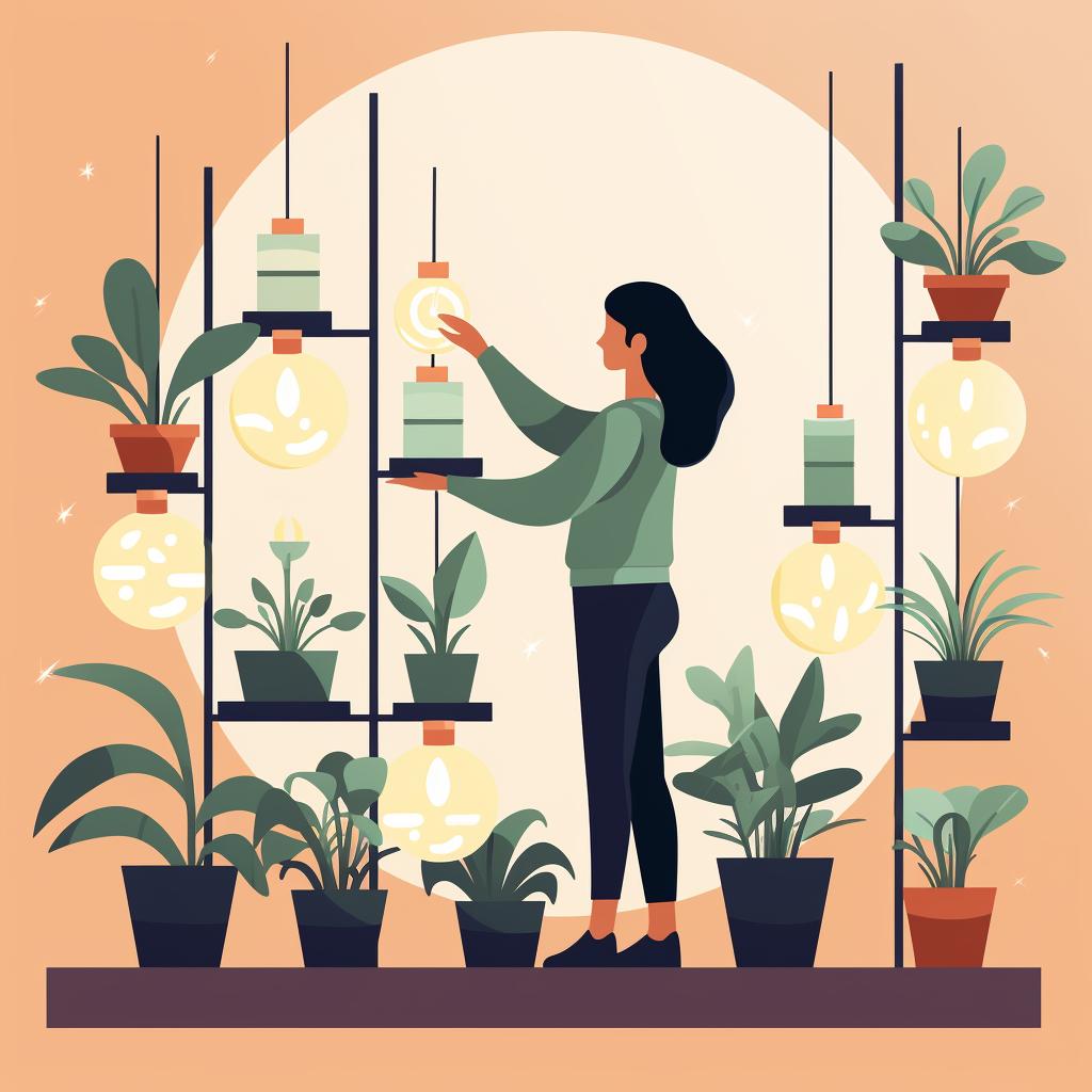 A person adjusting the position of the lights in their indoor vertical garden