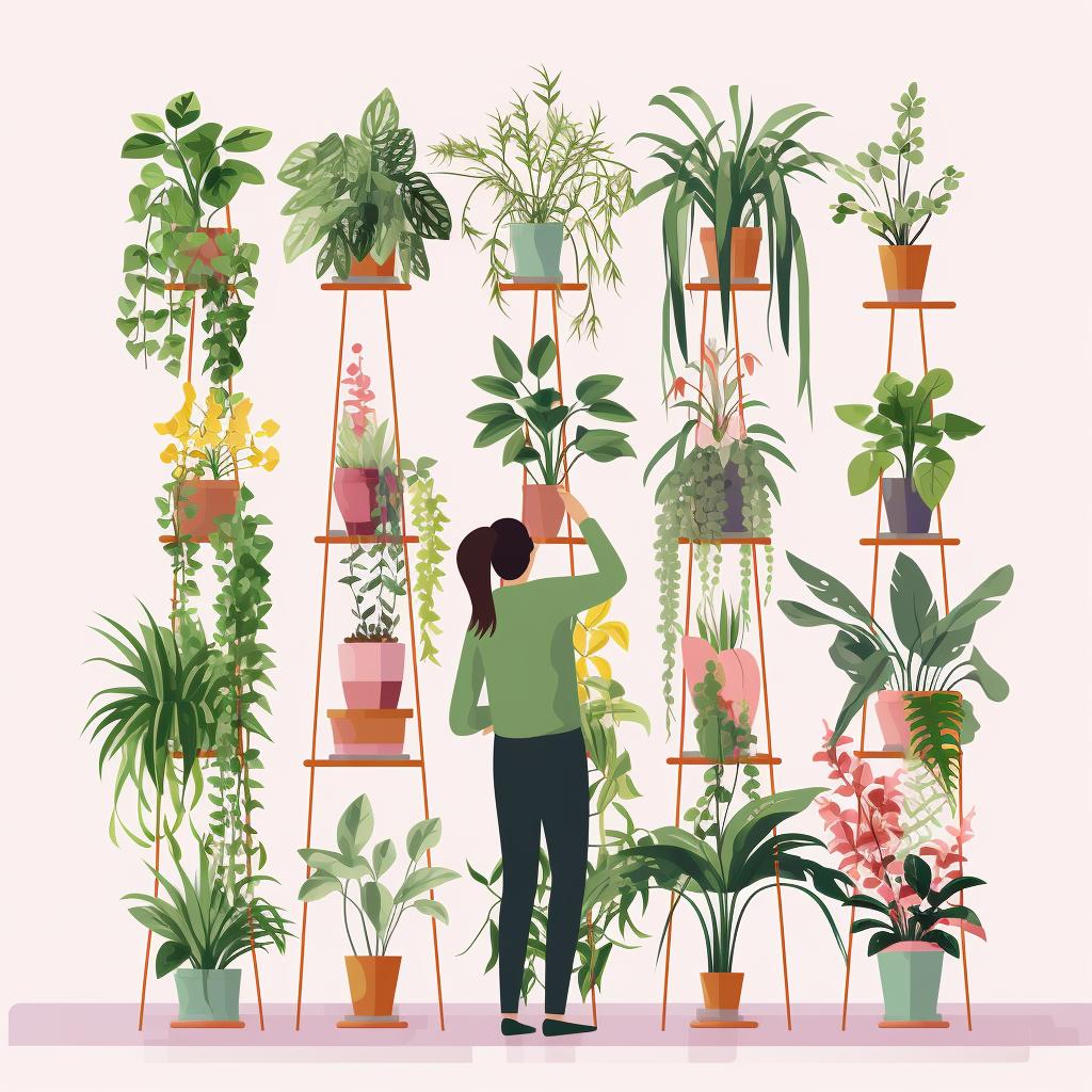 Person inspecting plants in a vertical garden