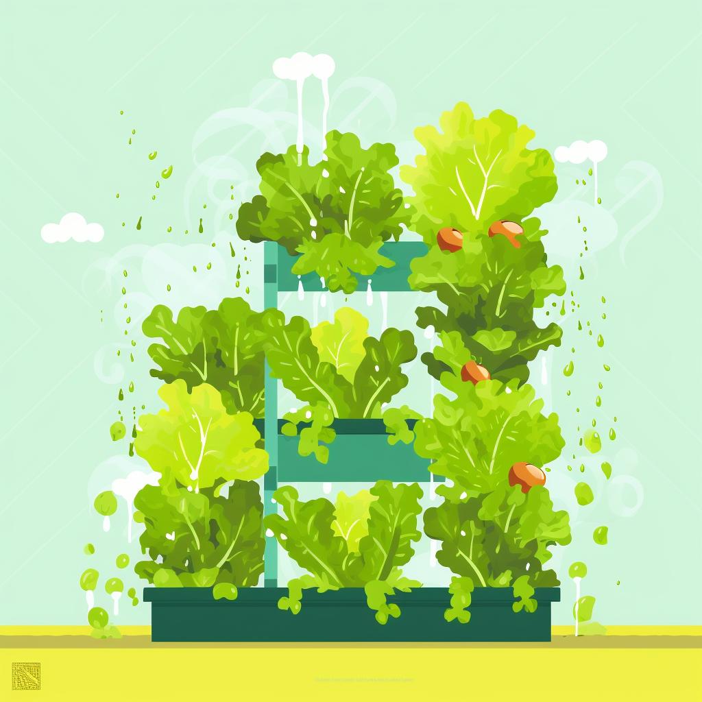 Watering lettuce plants in a vertical garden