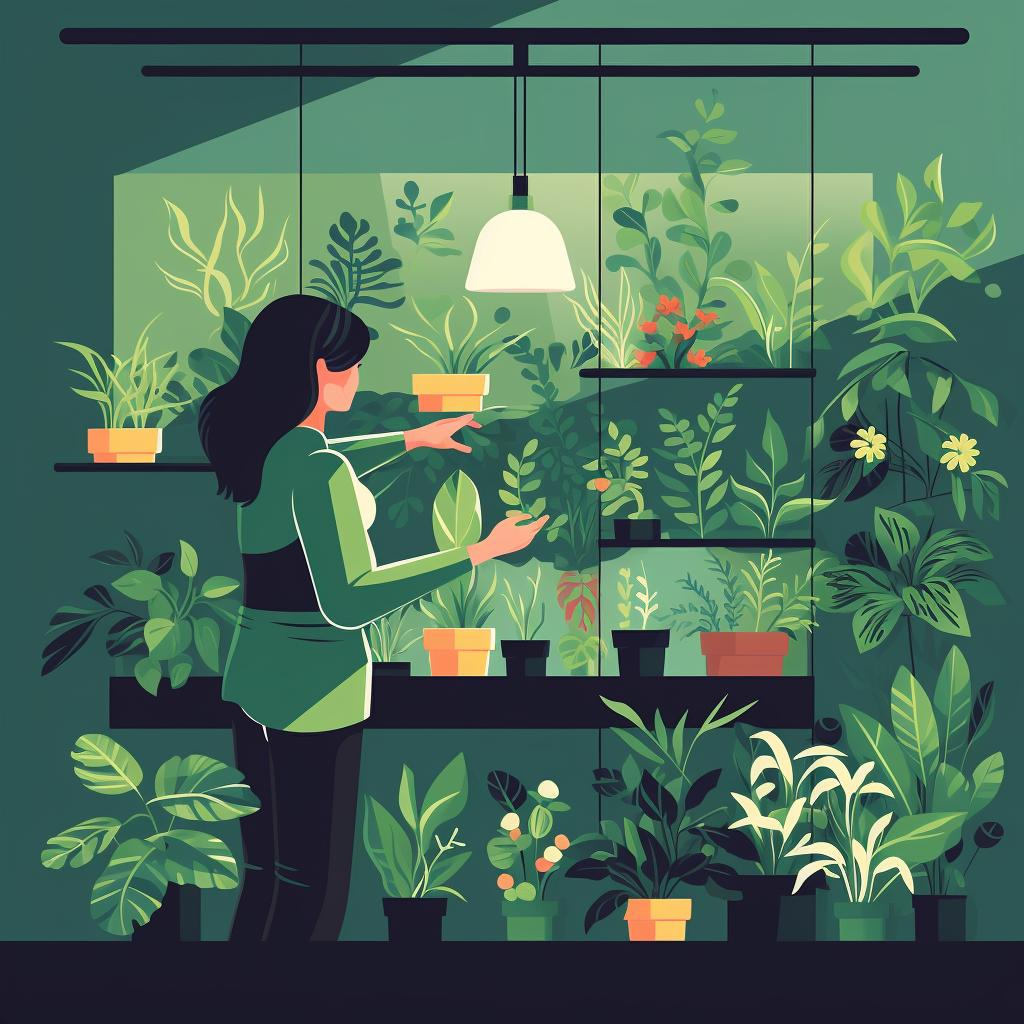 A person checking the health of their plants in an indoor vertical garden