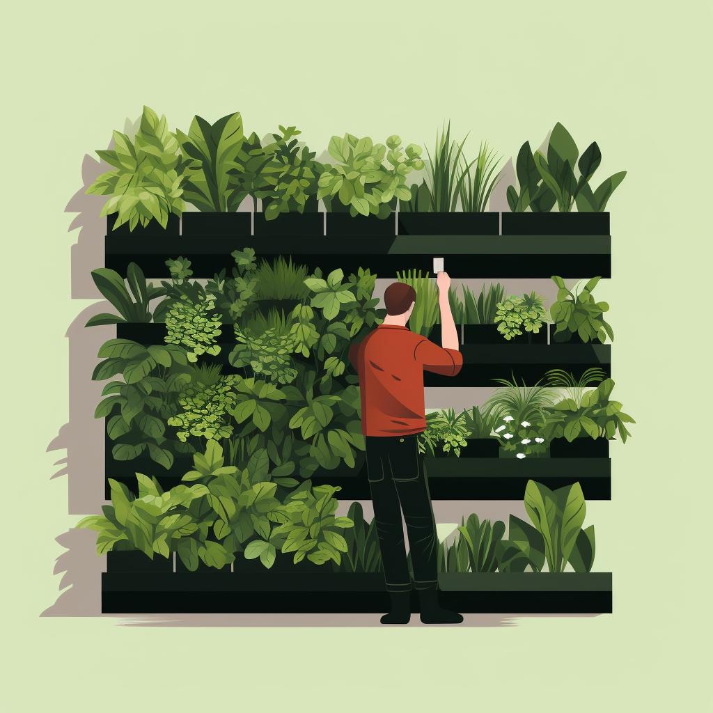 A person applying fertilizer to a vertical garden