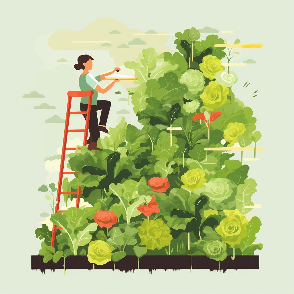 Hand harvesting lettuce from a vertical garden