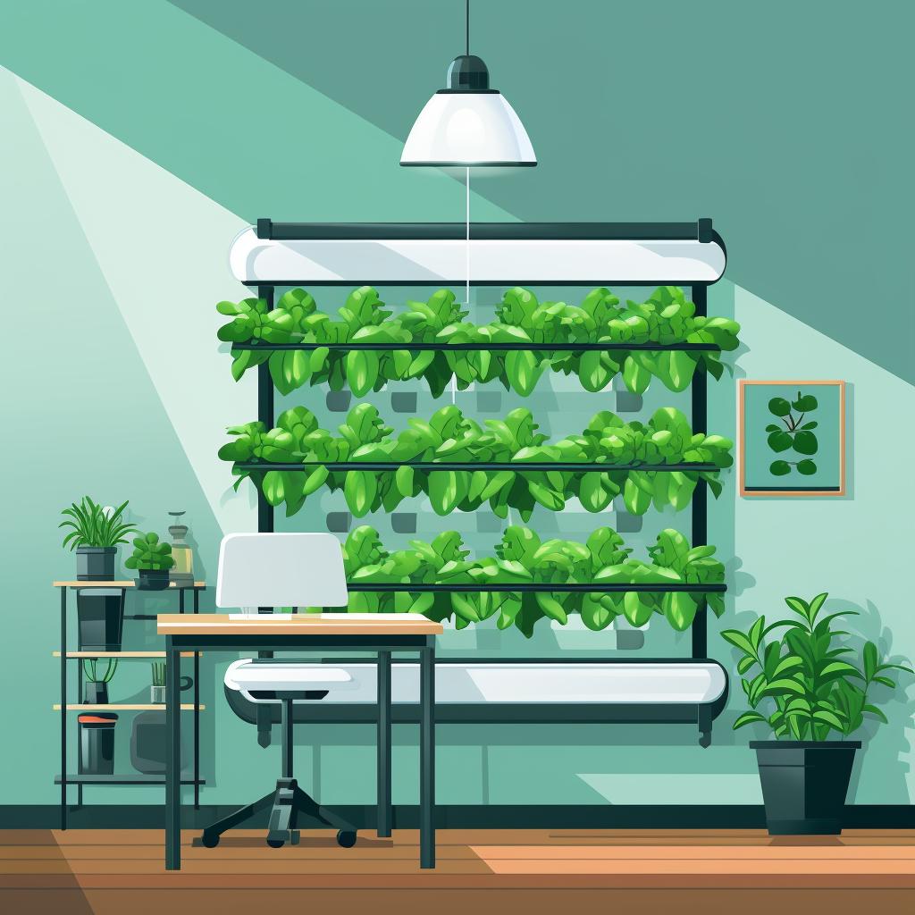 A bright corner in a room with a hydroponic vertical garden setup