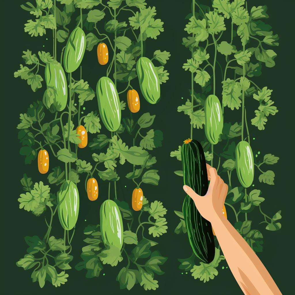 Hand picking a ripe zucchini from a vertical garden
