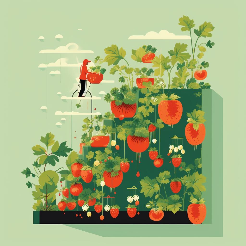 Watering strawberries in a vertical garden