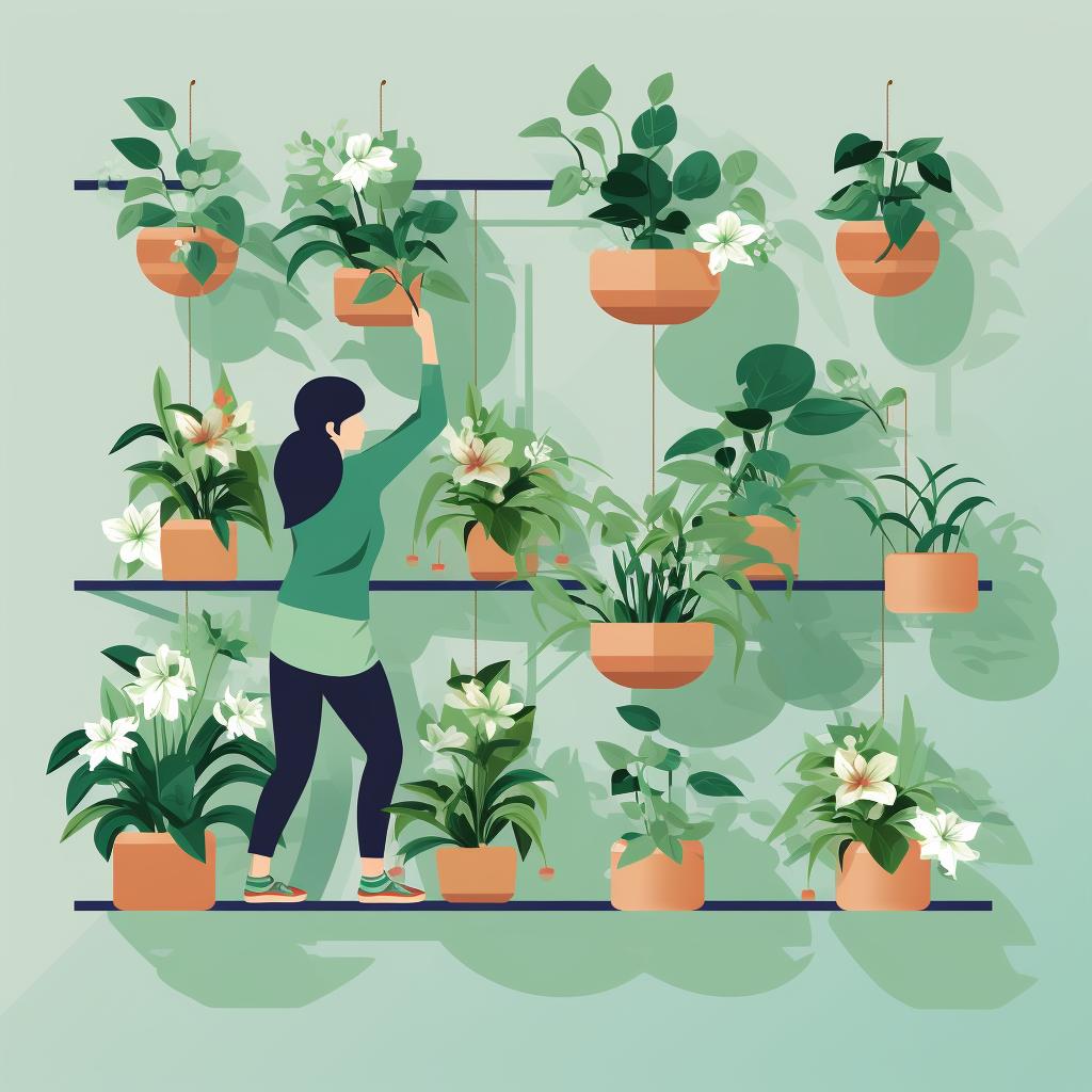 A person arranging plants in a vertical garden system