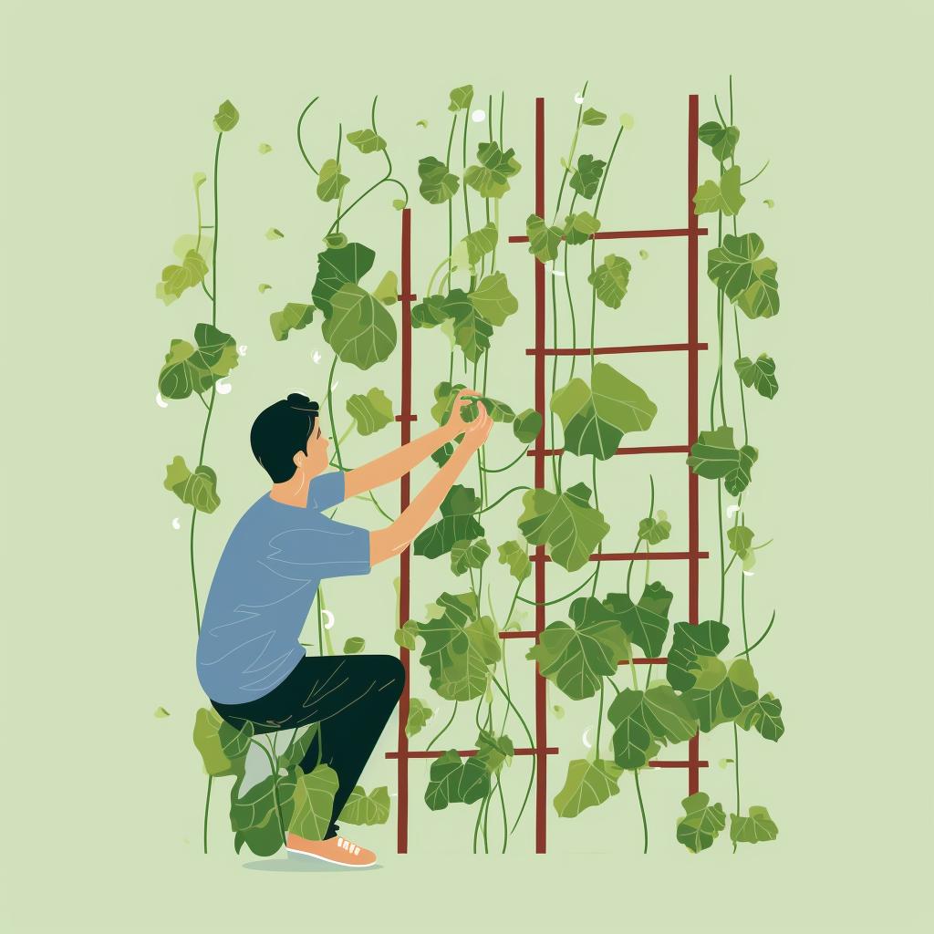 Hands gently guiding zucchini plant to climb the trellis